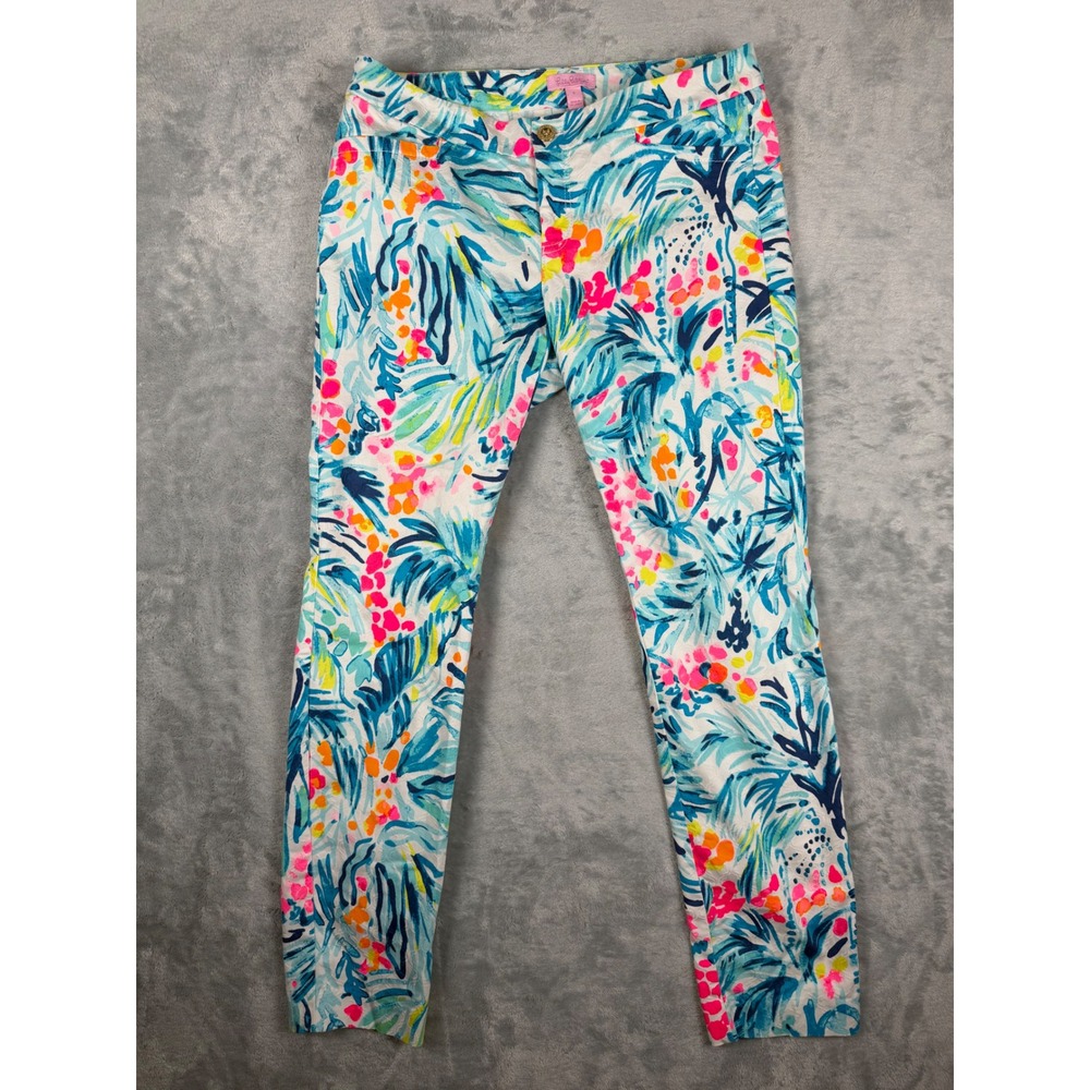 Lilly Pulitzer Kelly Ankle Pants Size 6 Tropical Floral Blue Pink Slim Stretch